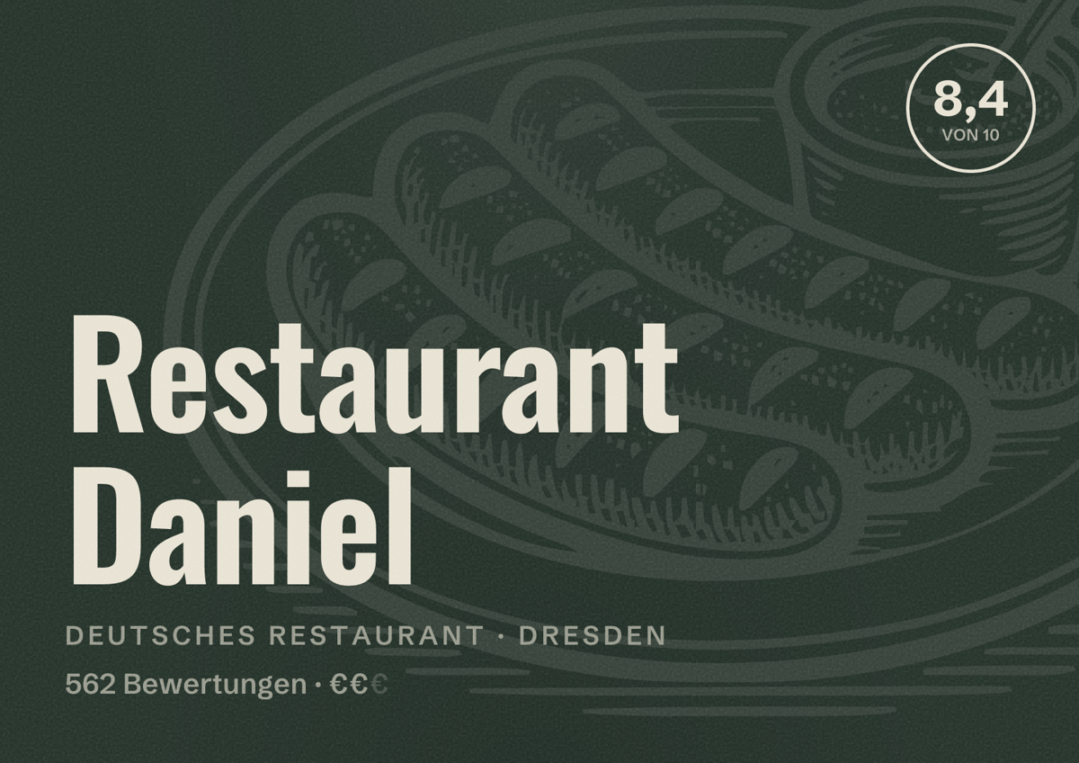 Illustriertes Poster von Restaurant Daniel, Deutsches Restaurant in Dresden: Bewertung 8,4 von 10 aus 562 Bewertungen, Preisniveau €€