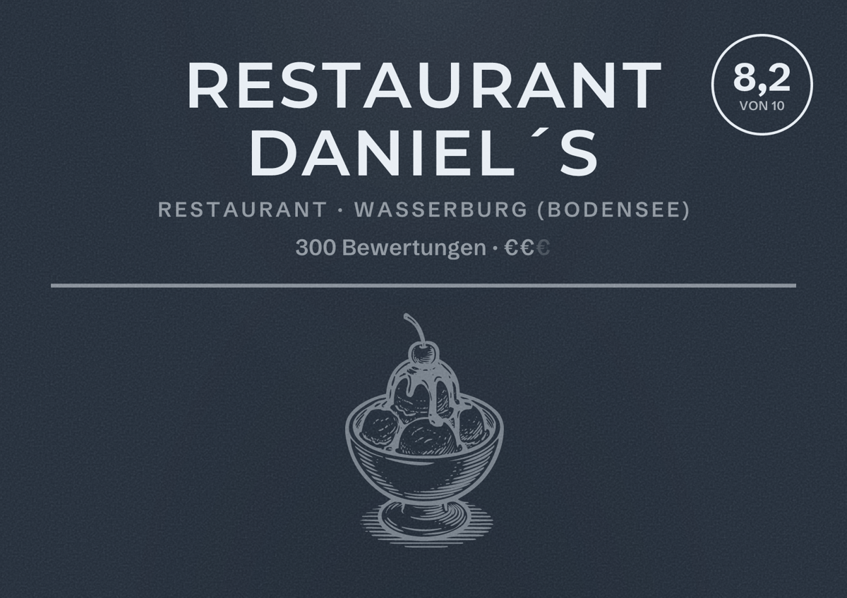 Illustriertes Poster von Restaurant Daniel´s, Restaurant in Wasserburg (Bodensee): Bewertung 8,2 von 10 aus 300 Bewertungen, Preisniveau €€