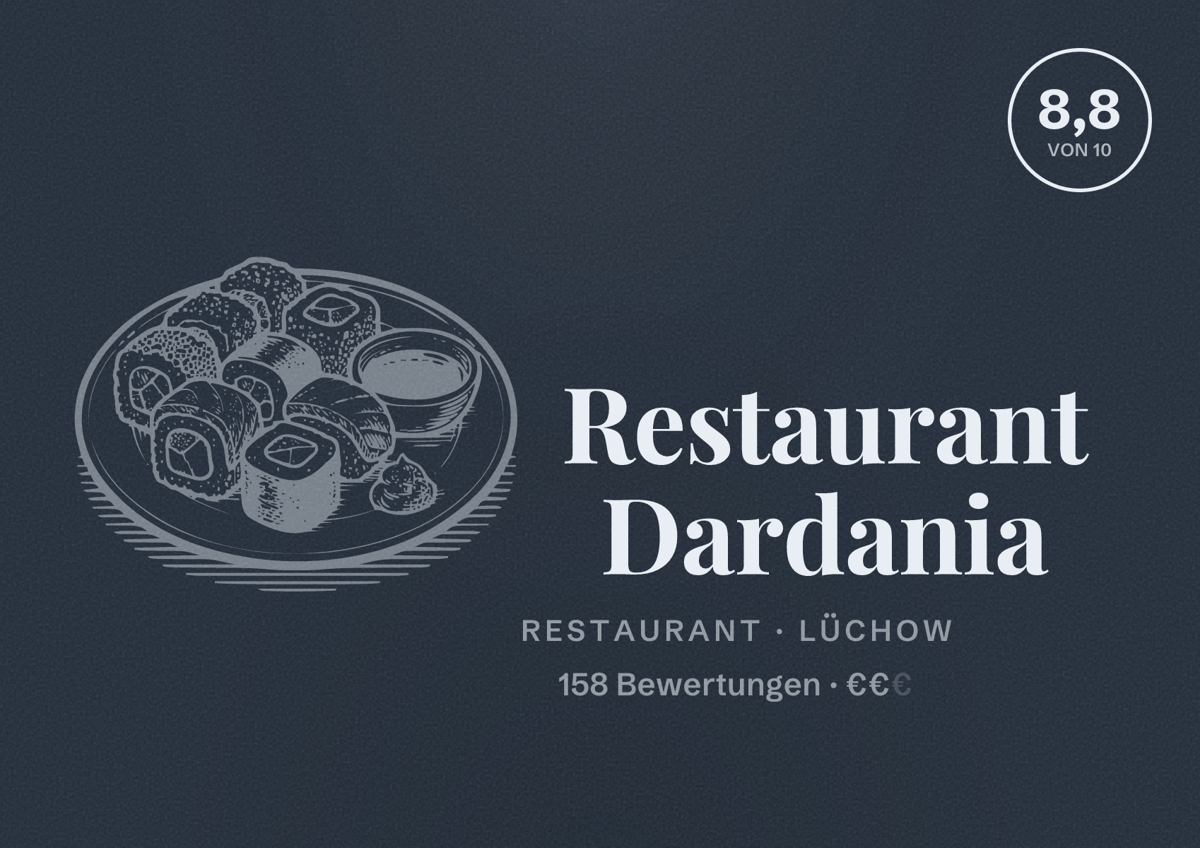 Illustriertes Poster von Restaurant Dardania, Restaurant in Lüchow: Bewertung 8,8 von 10 aus 158 Bewertungen, Preisniveau €€