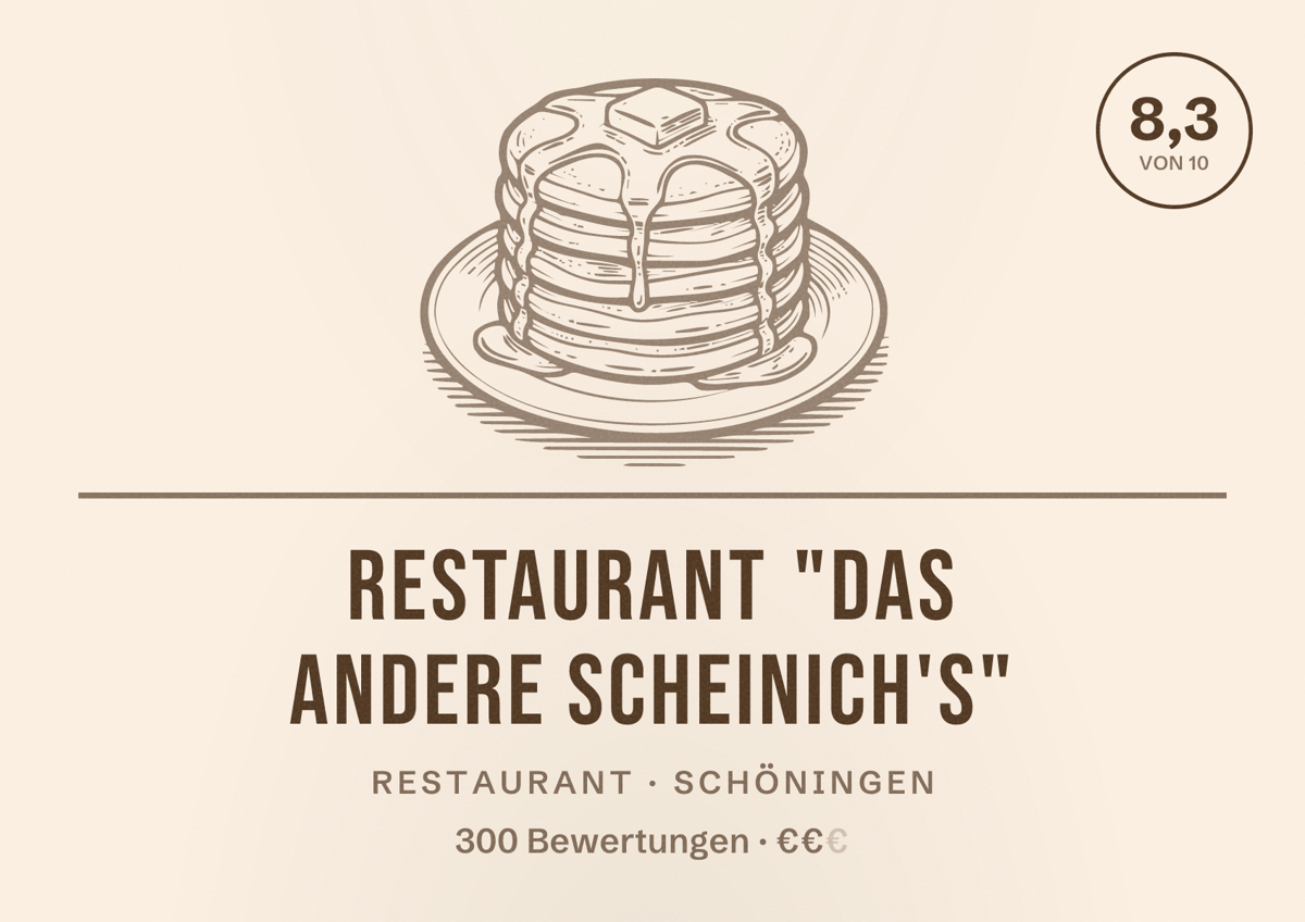 Illustriertes Poster von Restaurant "Das andere Scheinich's", Restaurant in Schöningen: Bewertung 8,3 von 10 aus 300 Bewertungen, Preisniveau €€