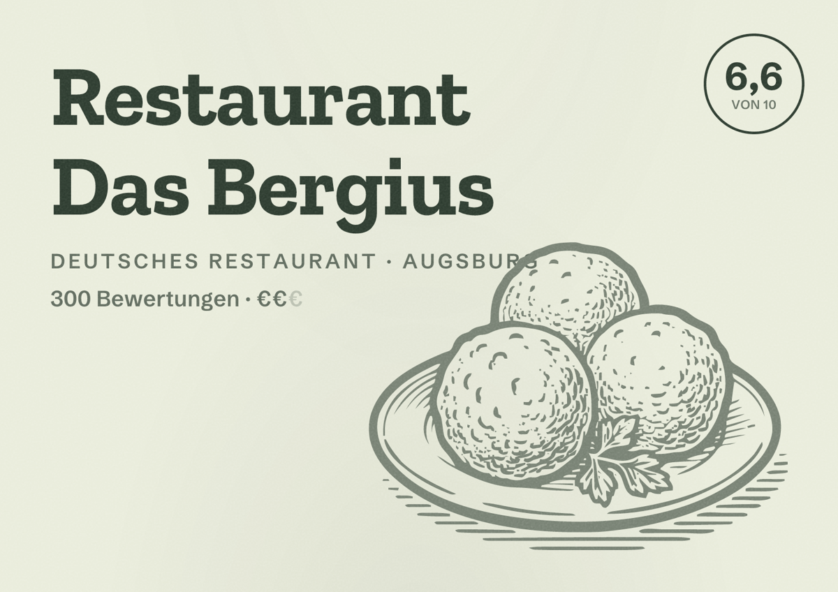 Illustriertes Poster von Restaurant Das Bergius, Deutsches Restaurant in Augsburg: Bewertung 6,6 von 10 aus 300 Bewertungen, Preisniveau €€
