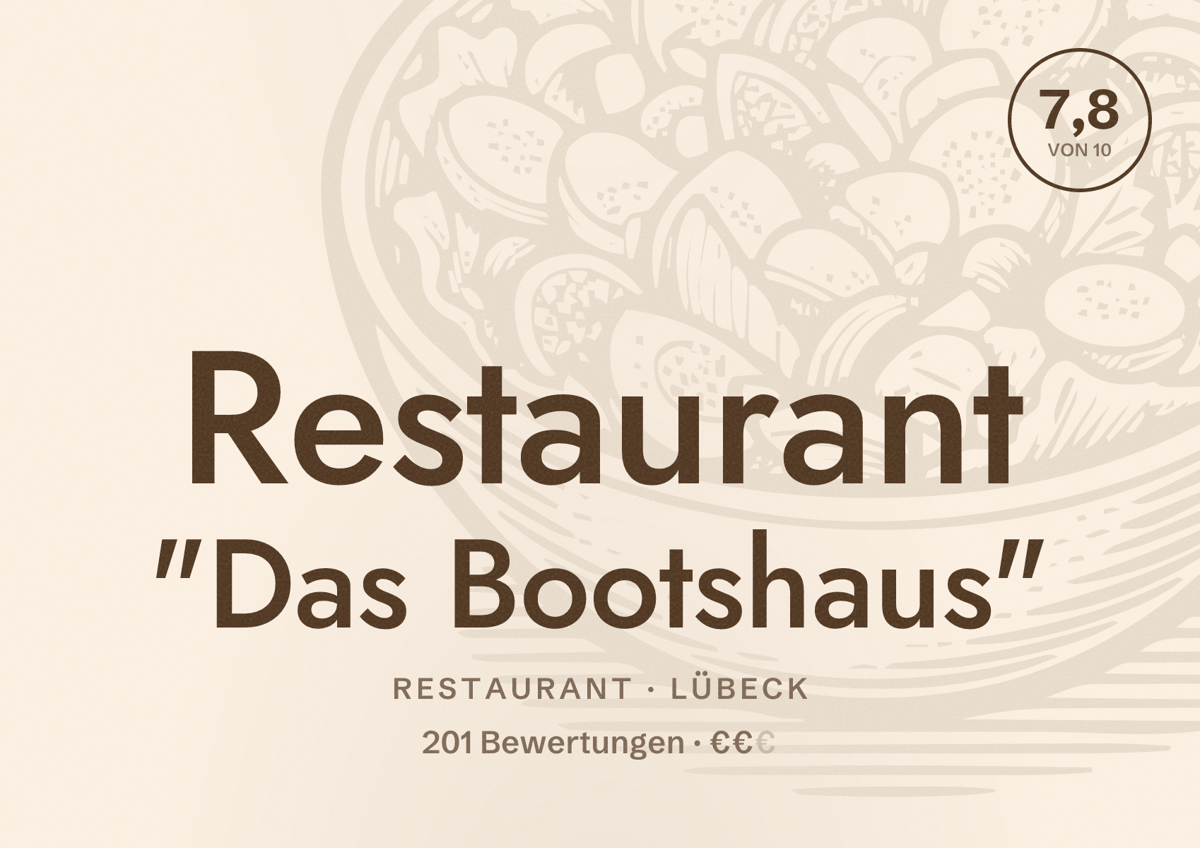 Illustriertes Poster von Restaurant "Das Bootshaus", Restaurant in Lübeck: Bewertung 7,8 von 10 aus 201 Bewertungen, Preisniveau €€