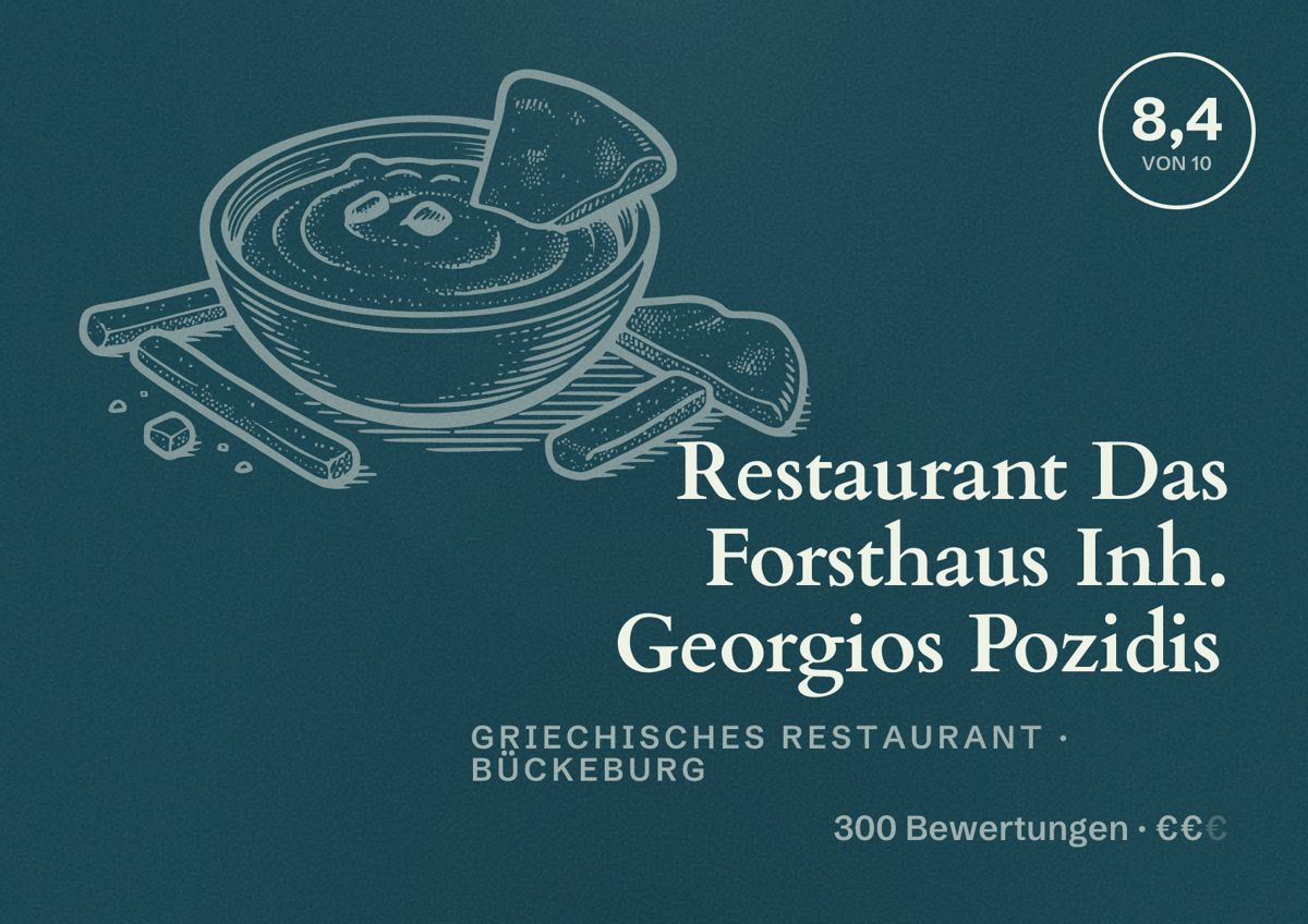 Illustriertes Poster von Restaurant Das Forsthaus Inh. Georgios Pozidis, Griechisches Restaurant in Bückeburg: Bewertung 8,4 von 10 aus 300 Bewertungen, Preisniveau €€