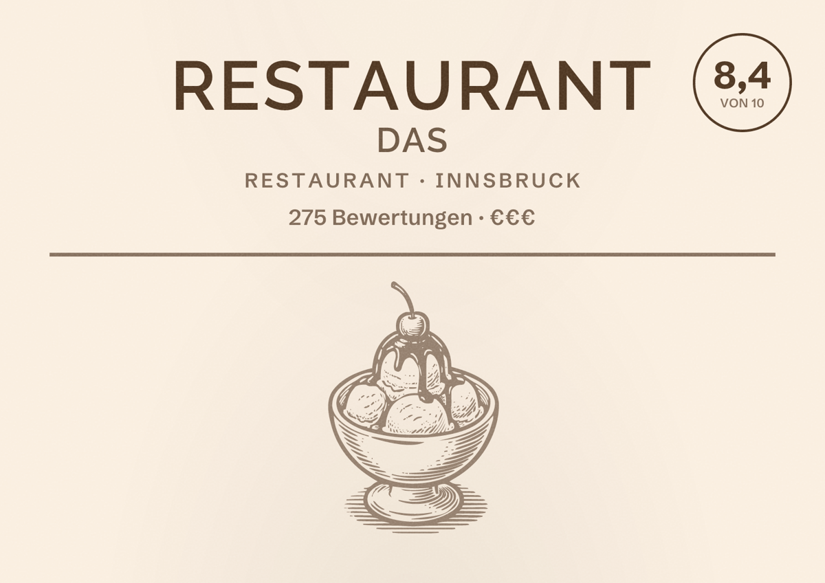 Illustriertes Poster von Restaurant Das, Restaurant in Innsbruck: Bewertung 8,4 von 10 aus 275 Bewertungen, Preisniveau €€€