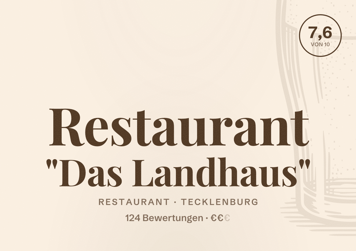 Illustriertes Poster von Restaurant "Das Landhaus", Restaurant in Tecklenburg: Bewertung 7,6 von 10 aus 124 Bewertungen, Preisniveau €€