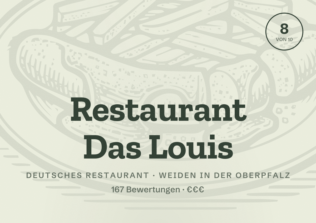 Illustriertes Poster von Restaurant Das Louis, Deutsches Restaurant in Weiden in der Oberpfalz: Bewertung 8 von 10 aus 167 Bewertungen, Preisniveau €€€
