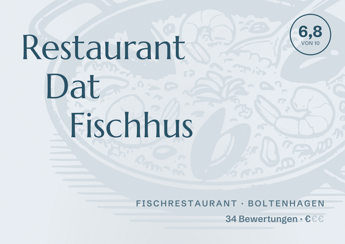 Illustriertes Poster von Restaurant Dat Fischhus, Fischrestaurant in Boltenhagen: Bewertung 6,8 von 10 aus 34 Bewertungen, Preisniveau €