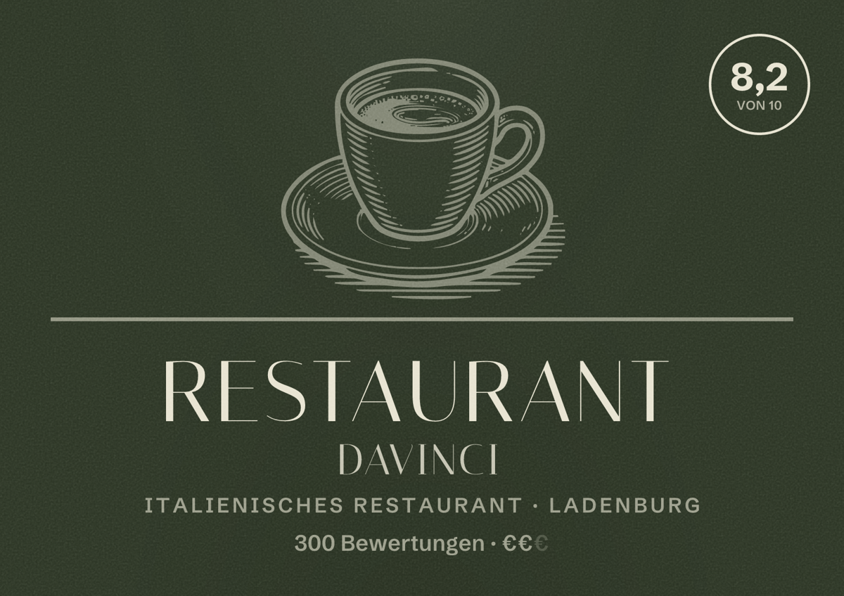 Illustriertes Poster von Restaurant Davinci, Italienisches Restaurant in Ladenburg: Bewertung 8,2 von 10 aus 300 Bewertungen, Preisniveau €€