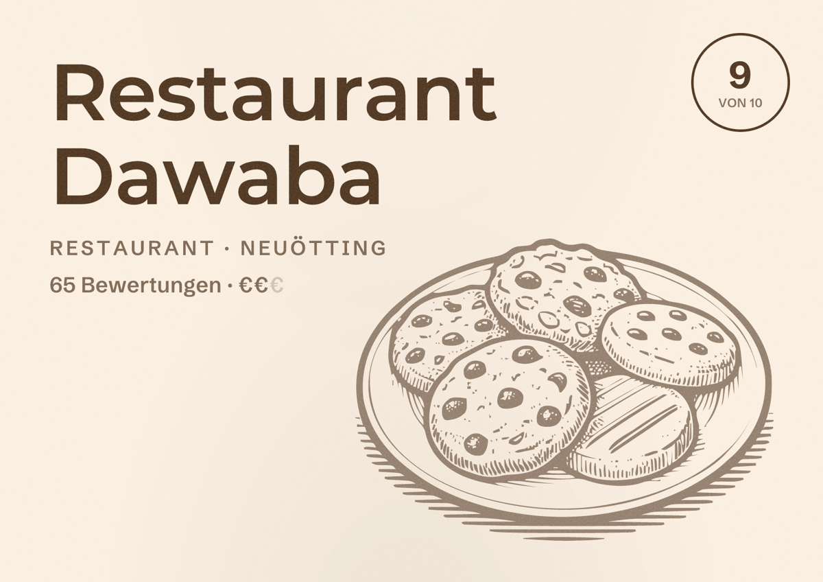 Illustriertes Poster von Restaurant Dawaba, Restaurant in Neuötting: Bewertung 9 von 10 aus 65 Bewertungen, Preisniveau €€