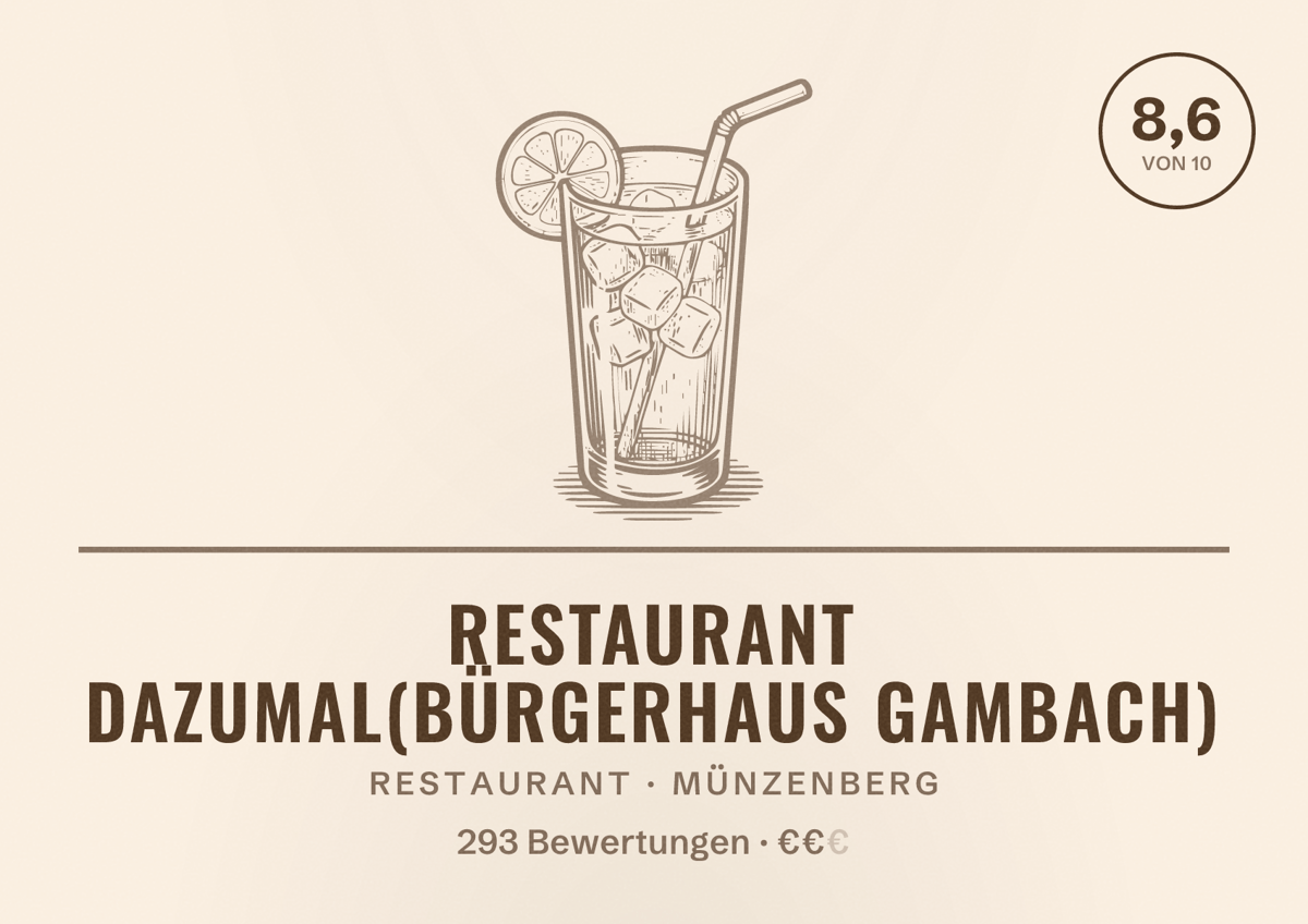 Illustriertes Poster von Restaurant DazuMal(Bürgerhaus Gambach), Restaurant in Münzenberg: Bewertung 8,6 von 10 aus 293 Bewertungen, Preisniveau €€