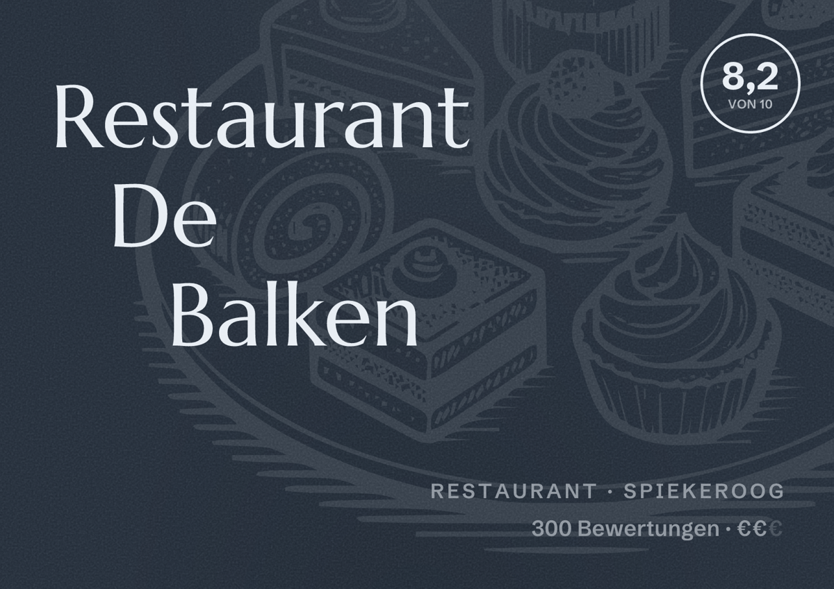 Illustriertes Poster von Restaurant De Balken, Restaurant in Spiekeroog: Bewertung 8,2 von 10 aus 300 Bewertungen, Preisniveau €€
