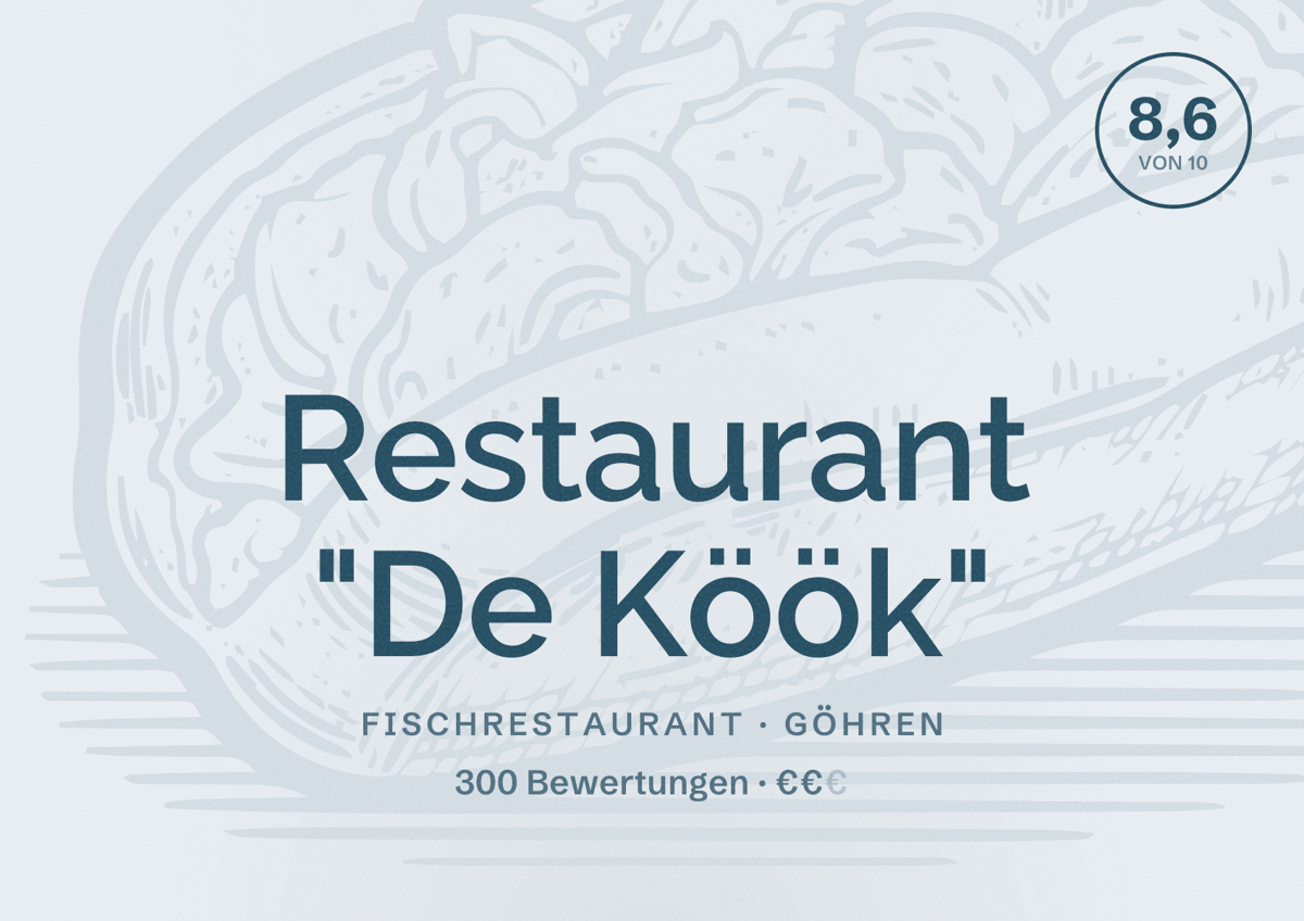 Illustriertes Poster von Restaurant "De Köök", Fischrestaurant in Göhren: Bewertung 8,6 von 10 aus 300 Bewertungen, Preisniveau €€