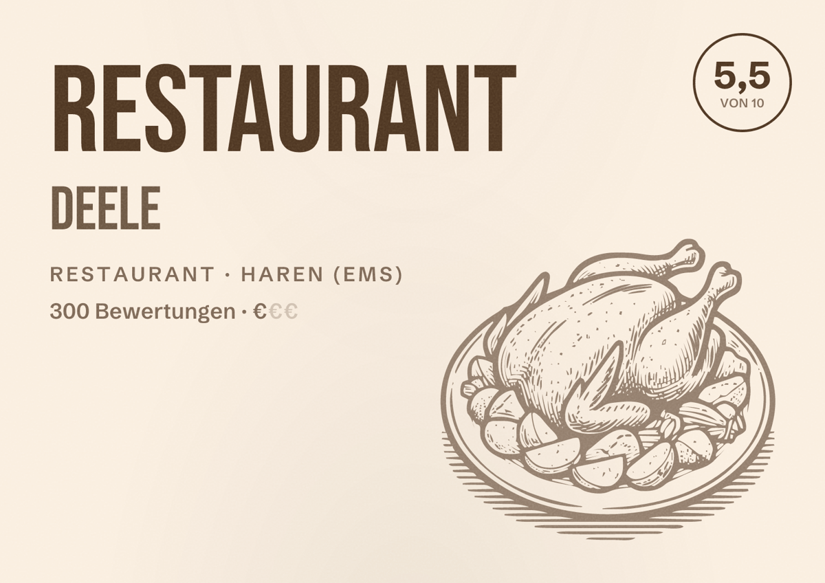 Illustriertes Poster von Restaurant Deele, Restaurant in Haren (Ems): Bewertung 5,5 von 10 aus 300 Bewertungen, Preisniveau €