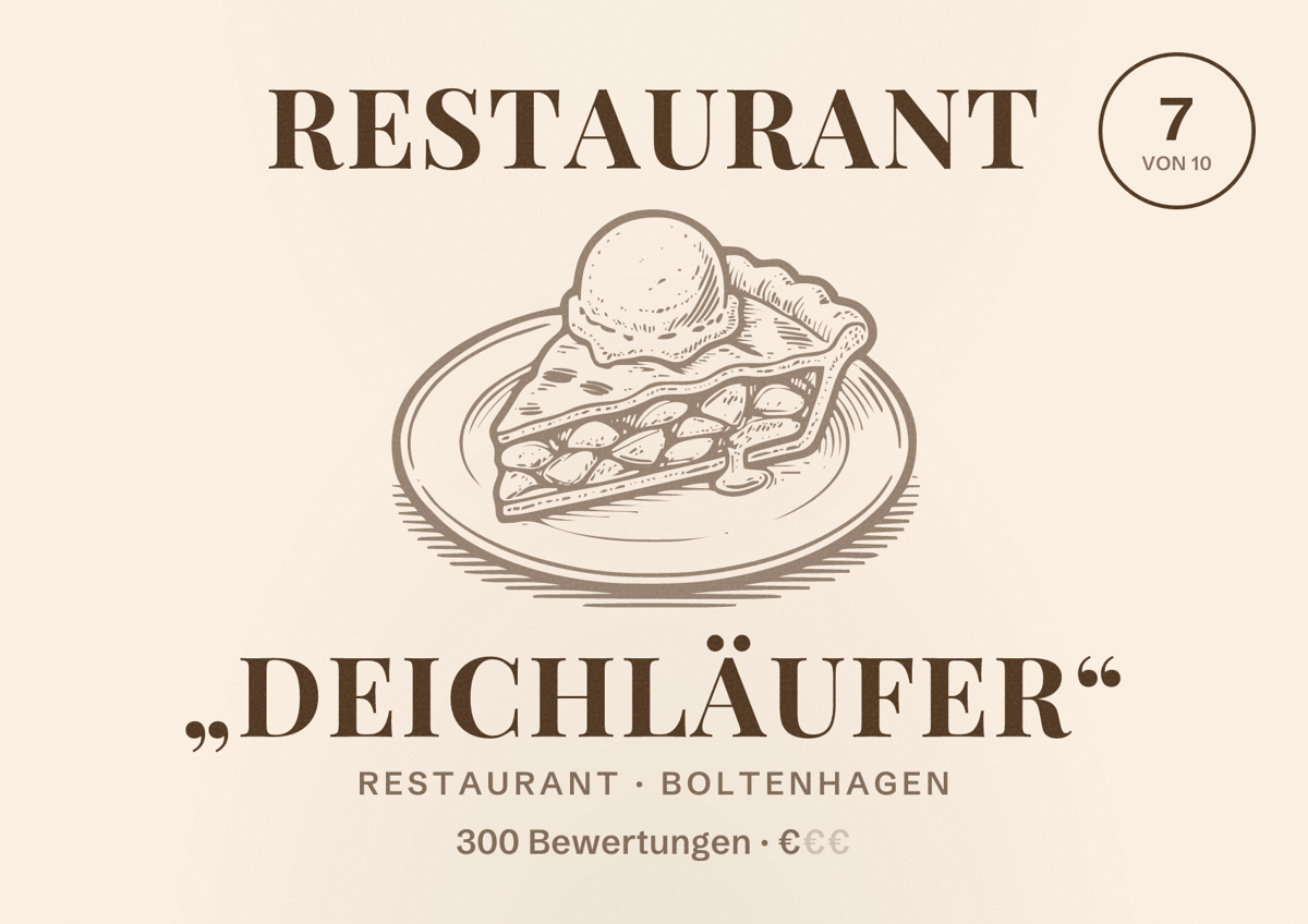 Illustriertes Poster von Restaurant „Deichläufer“, Restaurant in Boltenhagen: Bewertung 7 von 10 aus 300 Bewertungen, Preisniveau €