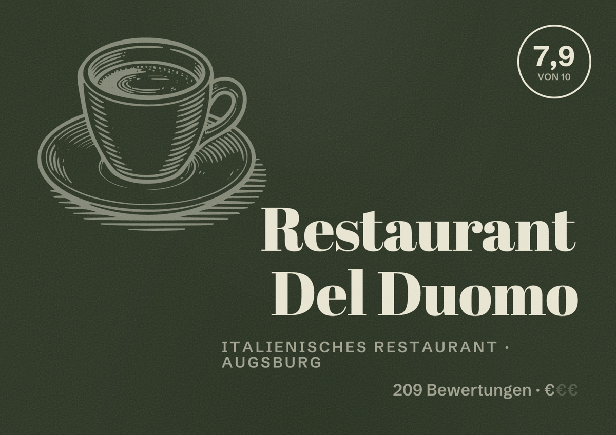 Illustriertes Poster von Restaurant Del Duomo, Italienisches Restaurant in Augsburg: Bewertung 7,9 von 10 aus 209 Bewertungen, Preisniveau €