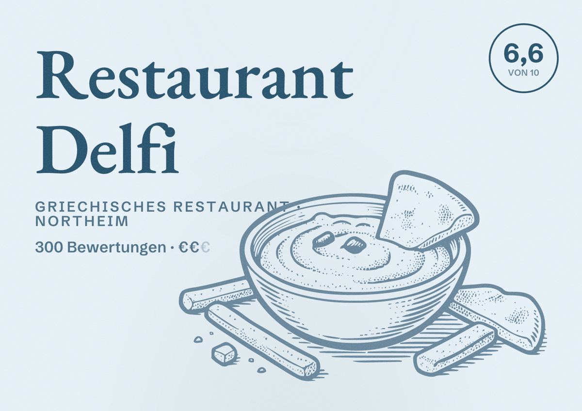 Illustriertes Poster von Restaurant Delfi, Griechisches Restaurant in Northeim: Bewertung 6,6 von 10 aus 300 Bewertungen, Preisniveau €€