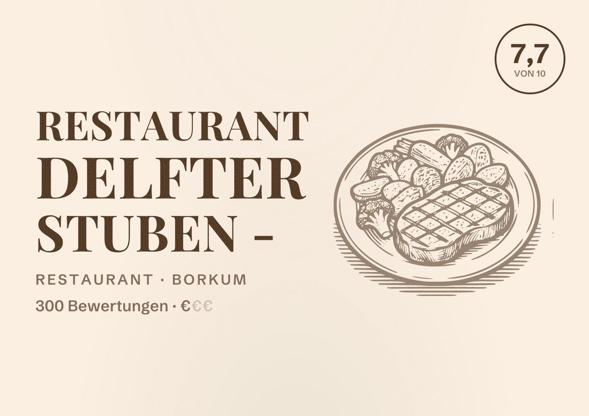 Illustriertes Poster von Restaurant Delfter Stuben -, Restaurant in Borkum: Bewertung 7,7 von 10 aus 300 Bewertungen, Preisniveau €