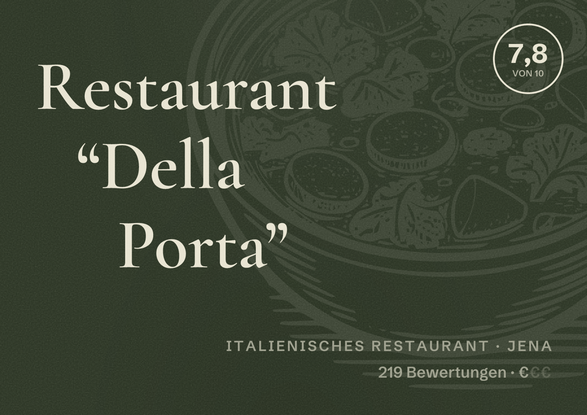 Illustriertes Poster von Restaurant “Della Porta”, Italienisches Restaurant in Jena: Bewertung 7,8 von 10 aus 219 Bewertungen, Preisniveau €