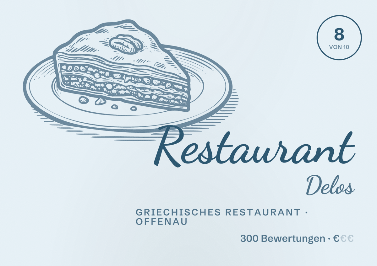 Illustriertes Poster von Restaurant Delos, Griechisches Restaurant in Offenau: Bewertung 8 von 10 aus 300 Bewertungen, Preisniveau €