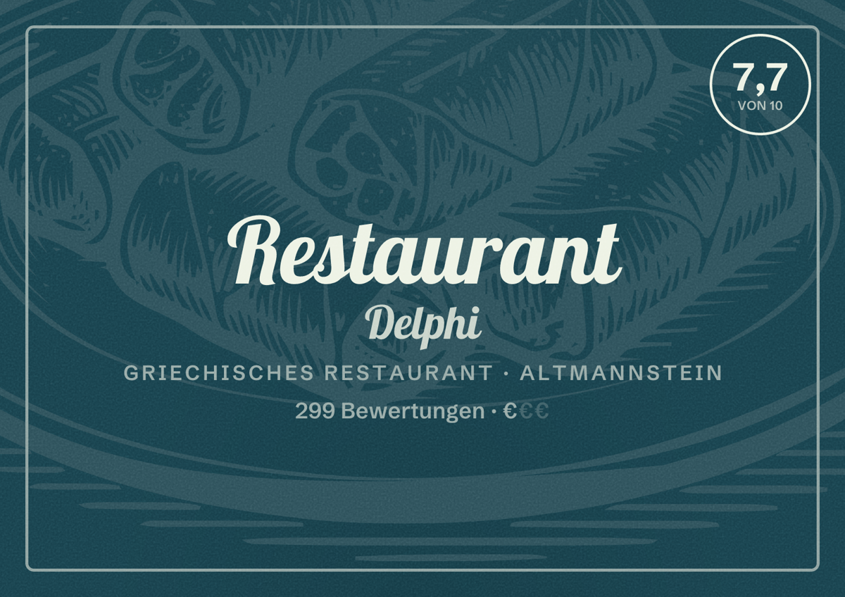 Illustriertes Poster von Restaurant Delphi, Griechisches Restaurant in Altmannstein: Bewertung 7,7 von 10 aus 299 Bewertungen, Preisniveau €