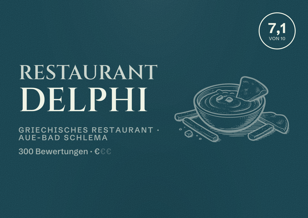 Illustriertes Poster von Restaurant Delphi, Griechisches Restaurant in Aue-Bad Schlema: Bewertung 7,1 von 10 aus 300 Bewertungen, Preisniveau €