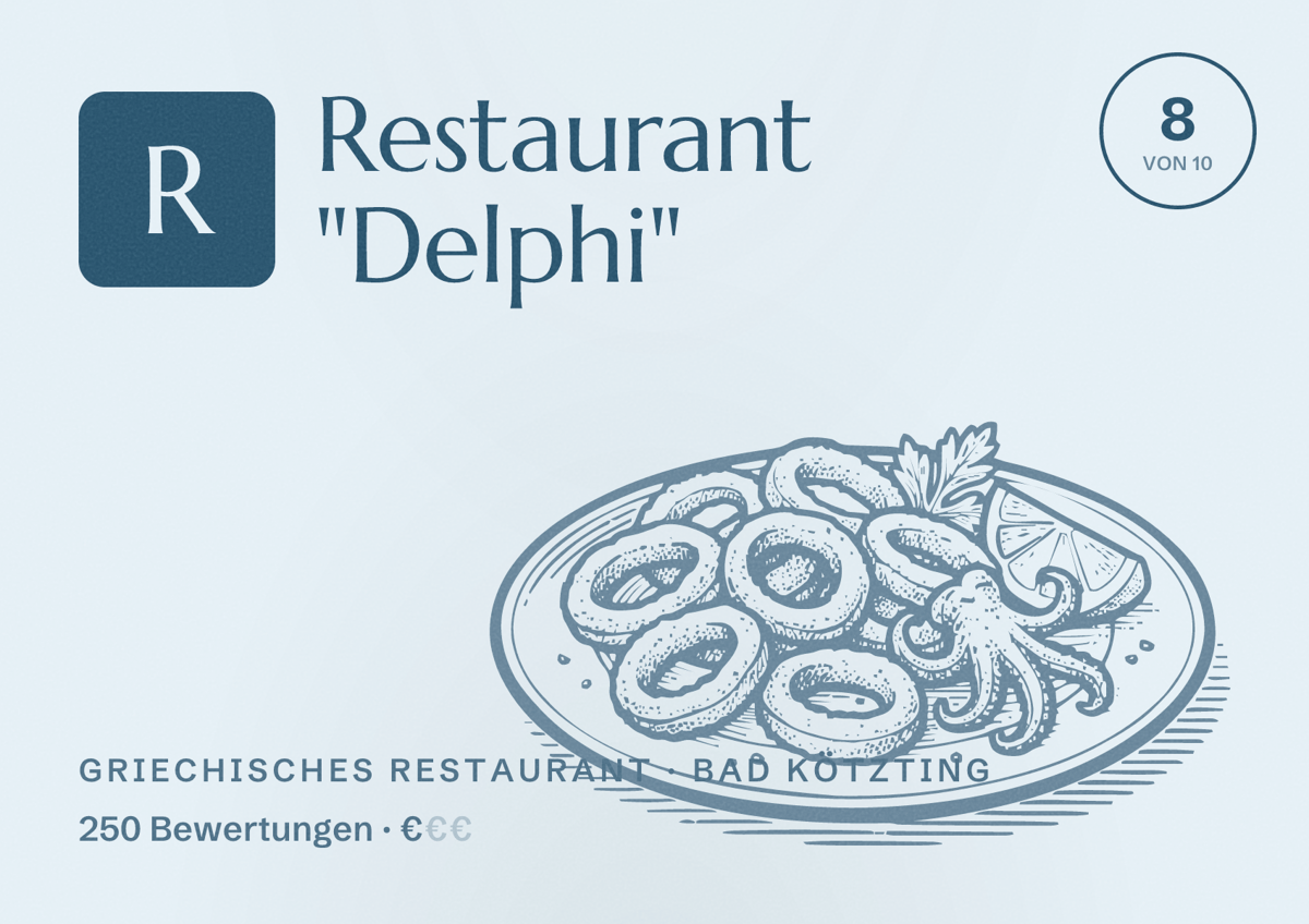 Illustriertes Poster von Restaurant "Delphi", Griechisches Restaurant in Bad Kötzting: Bewertung 8 von 10 aus 250 Bewertungen, Preisniveau €