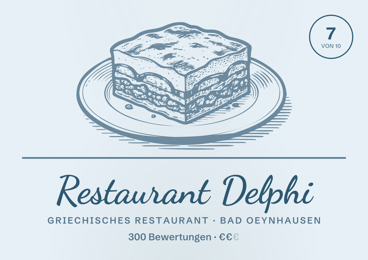 Illustriertes Poster von Restaurant Delphi, Griechisches Restaurant in Bad Oeynhausen: Bewertung 7 von 10 aus 300 Bewertungen, Preisniveau €€