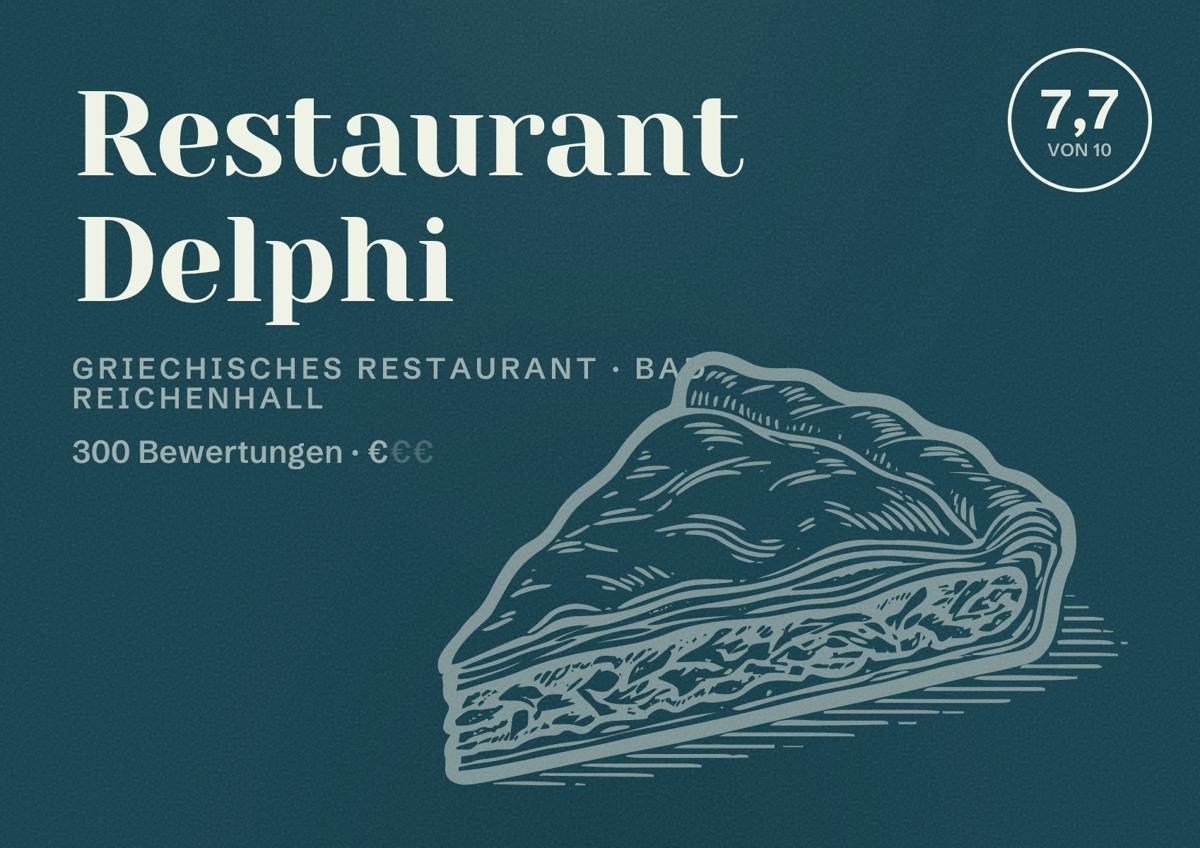 Illustriertes Poster von Restaurant Delphi, Griechisches Restaurant in Bad Reichenhall: Bewertung 7,7 von 10 aus 300 Bewertungen, Preisniveau €
