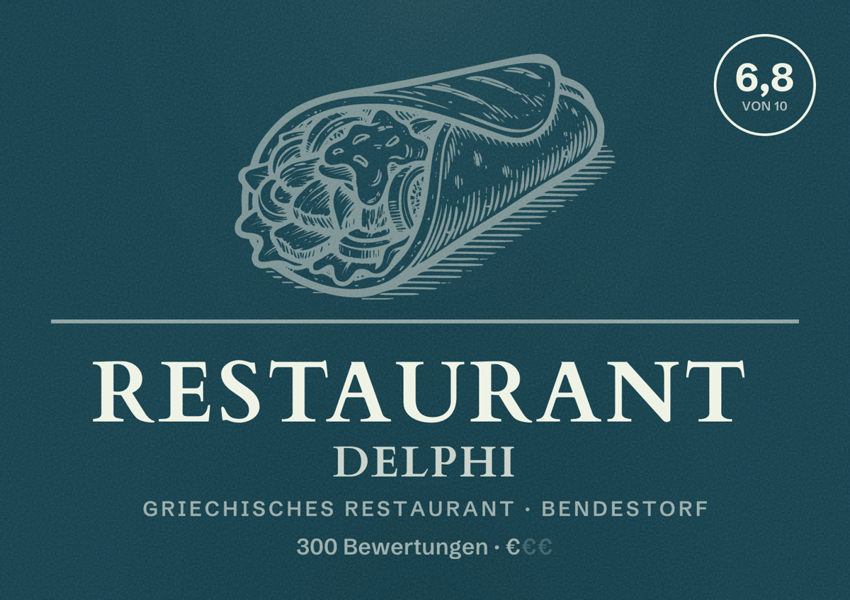 Illustriertes Poster von Restaurant Delphi, Griechisches Restaurant in Bendestorf: Bewertung 6,8 von 10 aus 300 Bewertungen, Preisniveau €