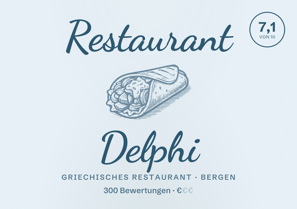 Illustriertes Poster von Restaurant Delphi, Griechisches Restaurant in Bergen: Bewertung 7,1 von 10 aus 300 Bewertungen, Preisniveau €