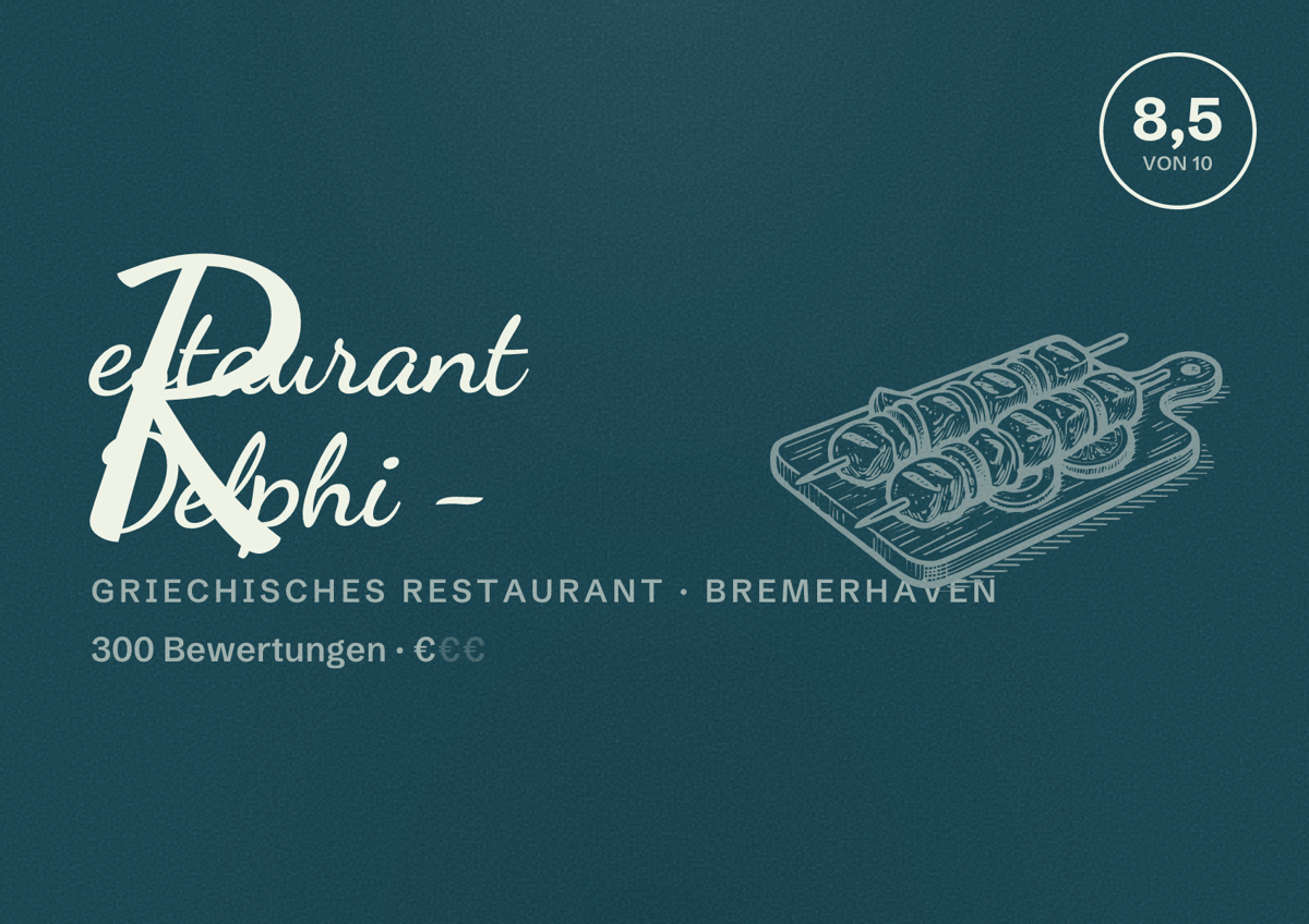 Illustriertes Poster von Restaurant Delphi -, Griechisches Restaurant in Bremerhaven: Bewertung 8,5 von 10 aus 300 Bewertungen, Preisniveau €