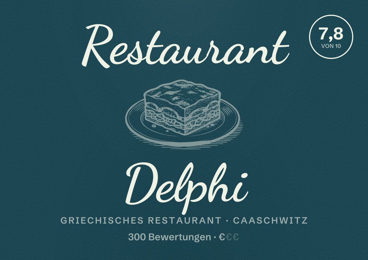 Illustriertes Poster von Restaurant Delphi, Griechisches Restaurant in Caaschwitz: Bewertung 7,8 von 10 aus 300 Bewertungen, Preisniveau €