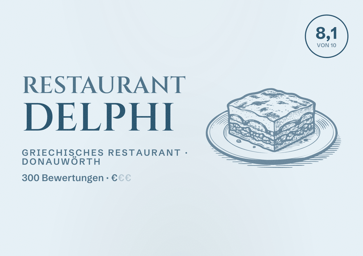 Illustriertes Poster von Restaurant Delphi, Griechisches Restaurant in Donauwörth: Bewertung 8,1 von 10 aus 300 Bewertungen, Preisniveau €