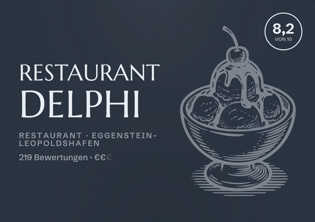 Illustriertes Poster von Restaurant Delphi, Restaurant in Eggenstein-Leopoldshafen: Bewertung 8,2 von 10 aus 219 Bewertungen, Preisniveau €€