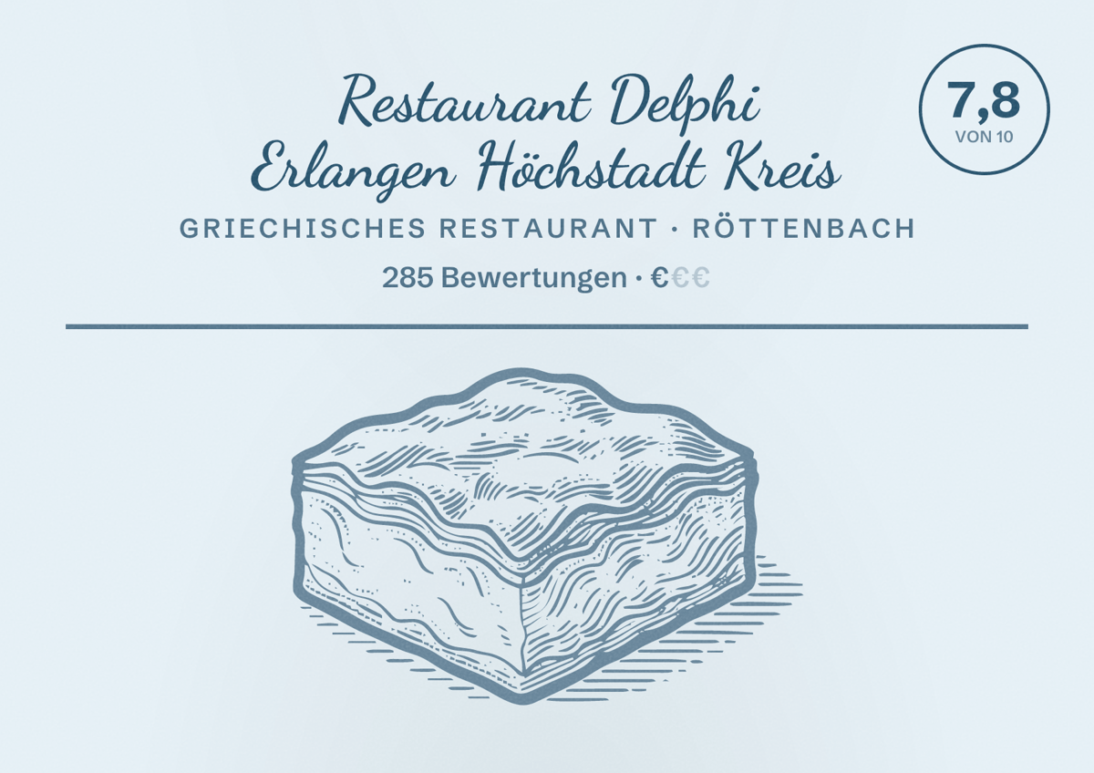 Illustriertes Poster von Restaurant Delphi Erlangen Höchstadt Kreis, Griechisches Restaurant in Röttenbach: Bewertung 7,8 von 10 aus 285 Bewertungen, Preisniveau €