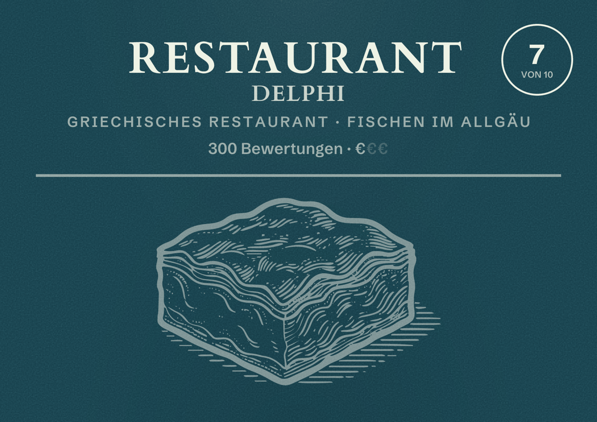 Illustriertes Poster von Restaurant Delphi, Griechisches Restaurant in Fischen im Allgäu: Bewertung 7 von 10 aus 300 Bewertungen, Preisniveau €