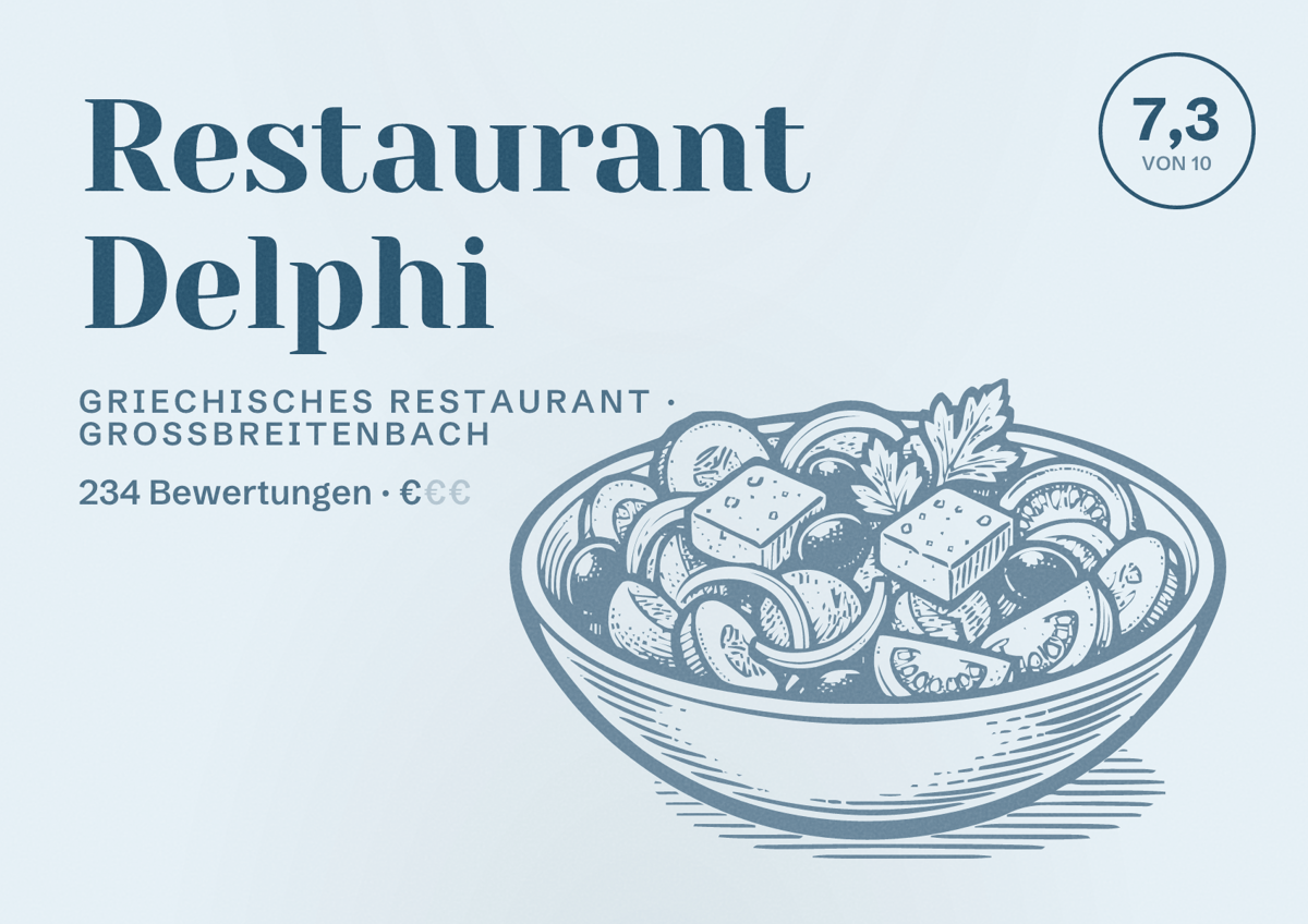Illustriertes Poster von Restaurant Delphi, Griechisches Restaurant in Großbreitenbach: Bewertung 7,3 von 10 aus 234 Bewertungen, Preisniveau €