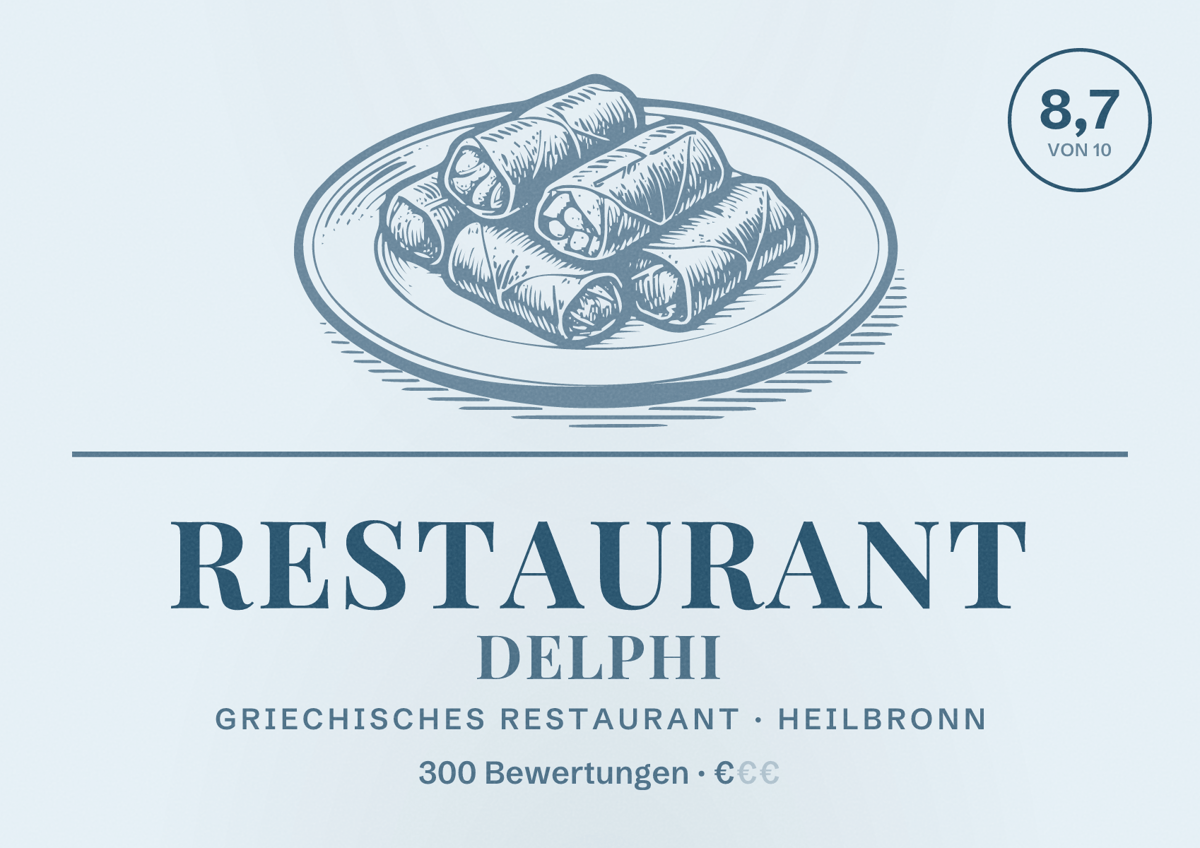 Illustriertes Poster von Restaurant Delphi, Griechisches Restaurant in Heilbronn: Bewertung 8,7 von 10 aus 300 Bewertungen, Preisniveau €