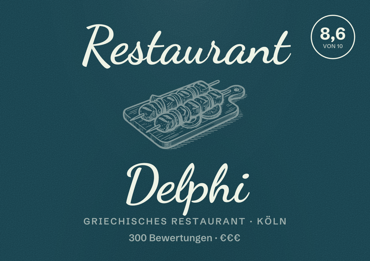 Illustriertes Poster von Restaurant Delphi, Griechisches Restaurant in Köln: Bewertung 8,6 von 10 aus 300 Bewertungen, Preisniveau €€€