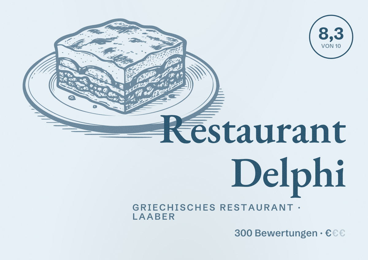 Illustriertes Poster von Restaurant Delphi, Griechisches Restaurant in Laaber: Bewertung 8,3 von 10 aus 300 Bewertungen, Preisniveau €