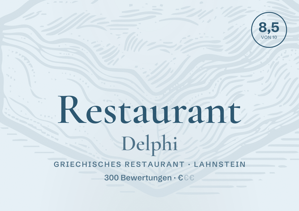 Illustriertes Poster von Restaurant Delphi, Griechisches Restaurant in Lahnstein: Bewertung 8,5 von 10 aus 300 Bewertungen, Preisniveau €