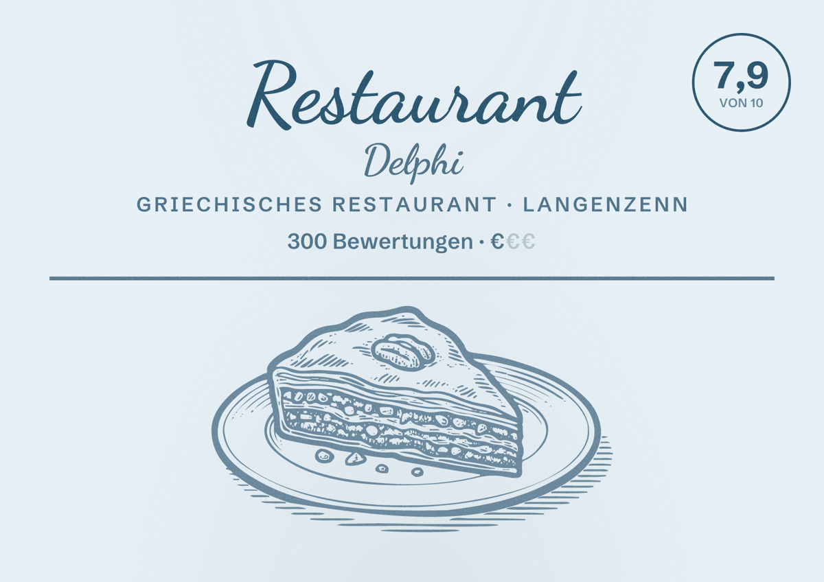 Illustriertes Poster von Restaurant Delphi, Griechisches Restaurant in Langenzenn: Bewertung 7,9 von 10 aus 300 Bewertungen, Preisniveau €