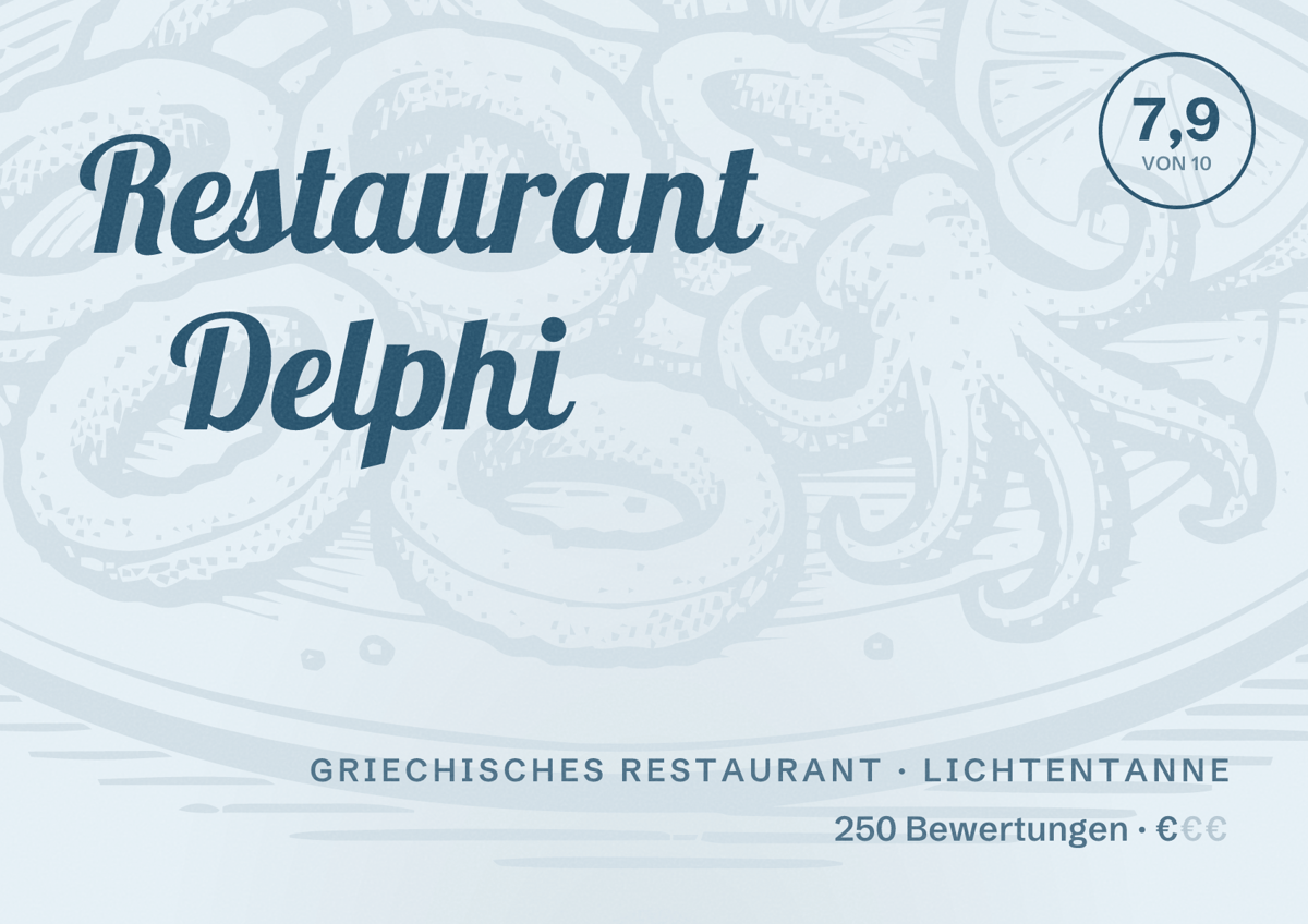 Illustriertes Poster von Restaurant Delphi, Griechisches Restaurant in Lichtentanne: Bewertung 7,9 von 10 aus 250 Bewertungen, Preisniveau €