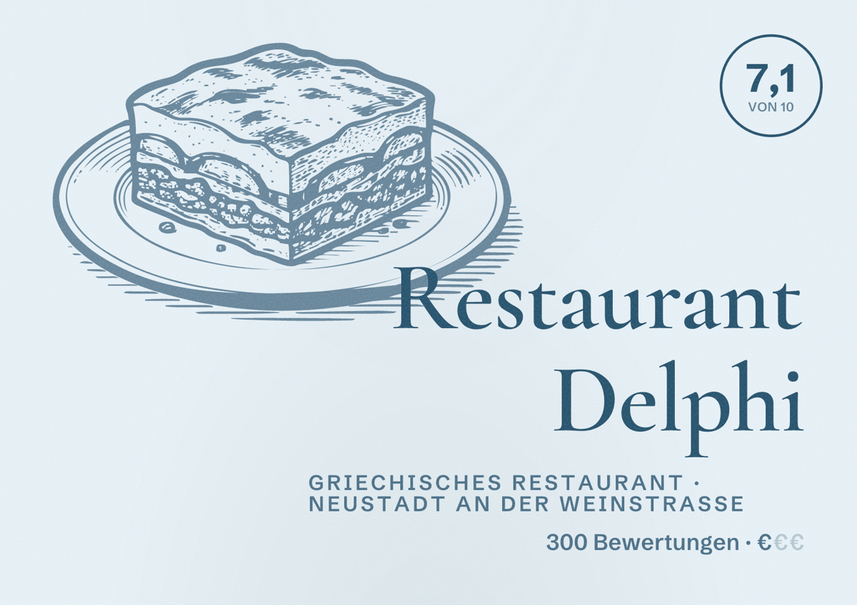 Illustriertes Poster von Restaurant Delphi, Griechisches Restaurant in Neustadt an der Weinstraße: Bewertung 7,1 von 10 aus 300 Bewertungen, Preisniveau €