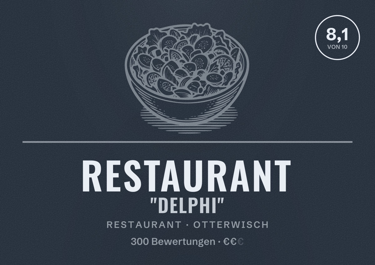 Illustriertes Poster von Restaurant "Delphi", Restaurant in Otterwisch: Bewertung 8,1 von 10 aus 300 Bewertungen, Preisniveau €€