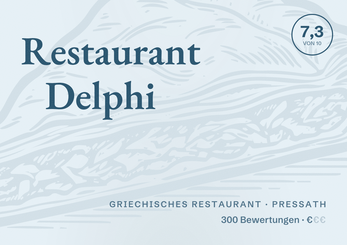 Illustriertes Poster von Restaurant Delphi, Griechisches Restaurant in Pressath: Bewertung 7,3 von 10 aus 300 Bewertungen, Preisniveau €