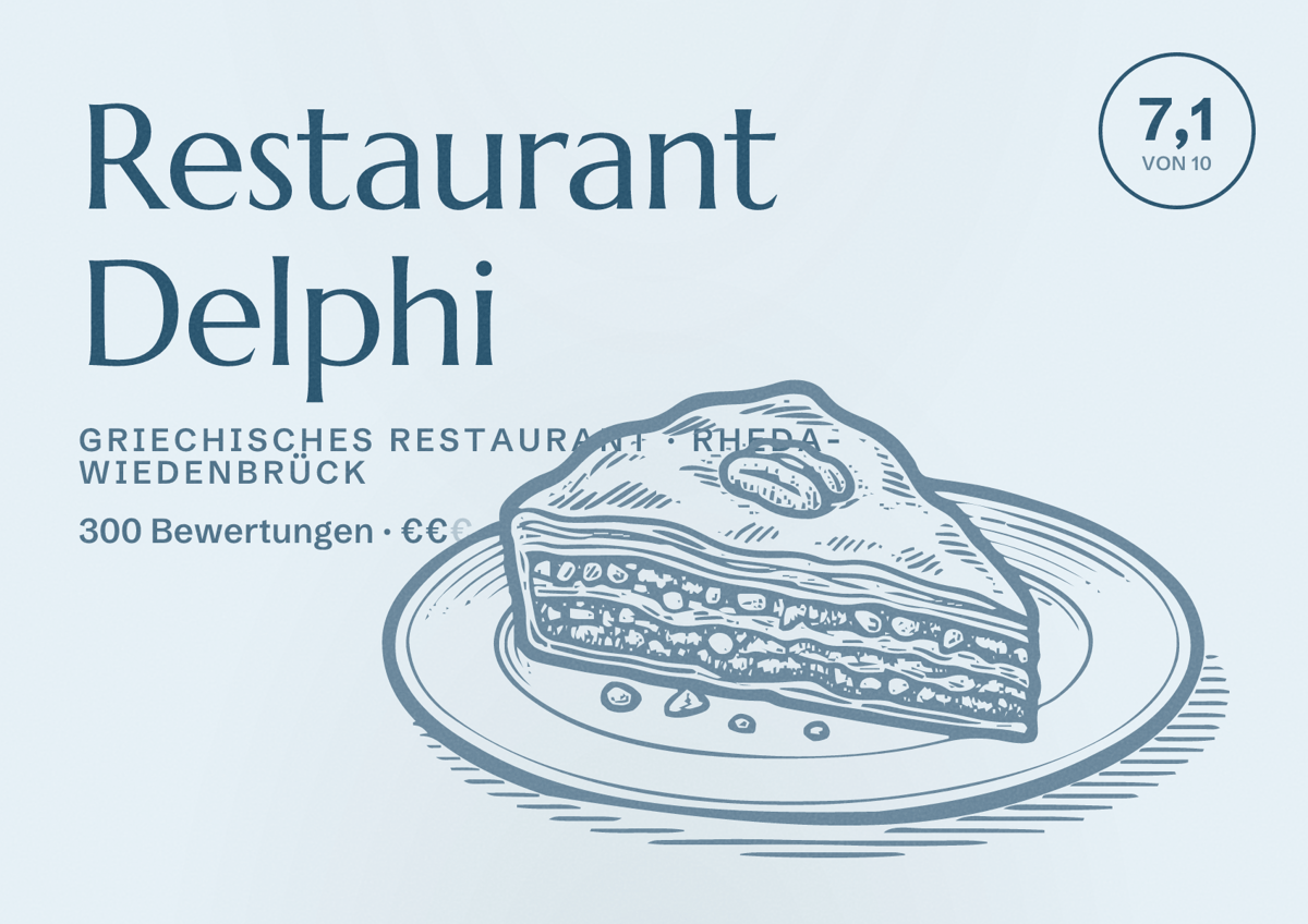 Illustriertes Poster von Restaurant Delphi, Griechisches Restaurant in Rheda-Wiedenbrück: Bewertung 7,1 von 10 aus 300 Bewertungen, Preisniveau €€