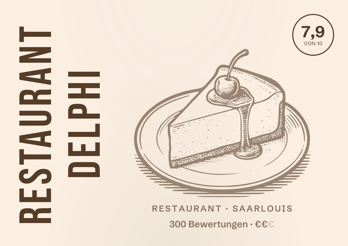 Illustriertes Poster von Restaurant Delphi, Restaurant in Saarlouis: Bewertung 7,9 von 10 aus 300 Bewertungen, Preisniveau €€