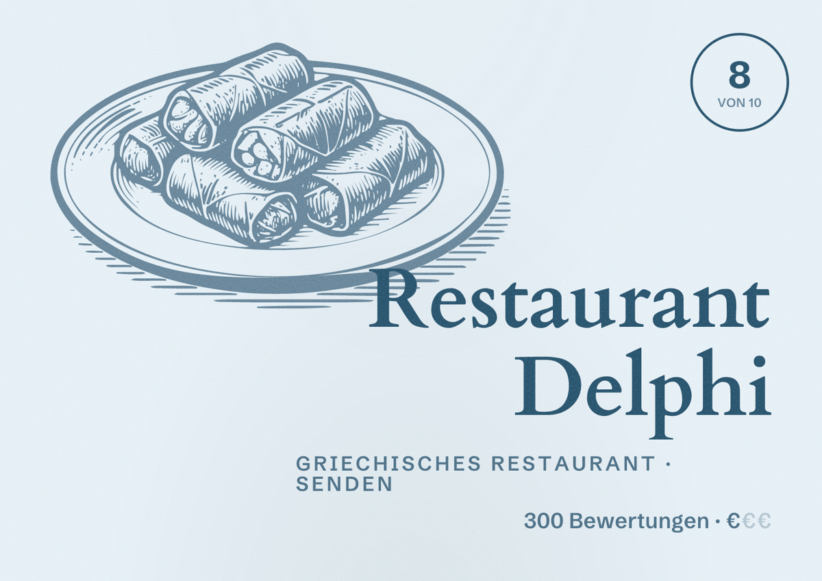 Illustriertes Poster von Restaurant Delphi, Griechisches Restaurant in Senden: Bewertung 8 von 10 aus 300 Bewertungen, Preisniveau €