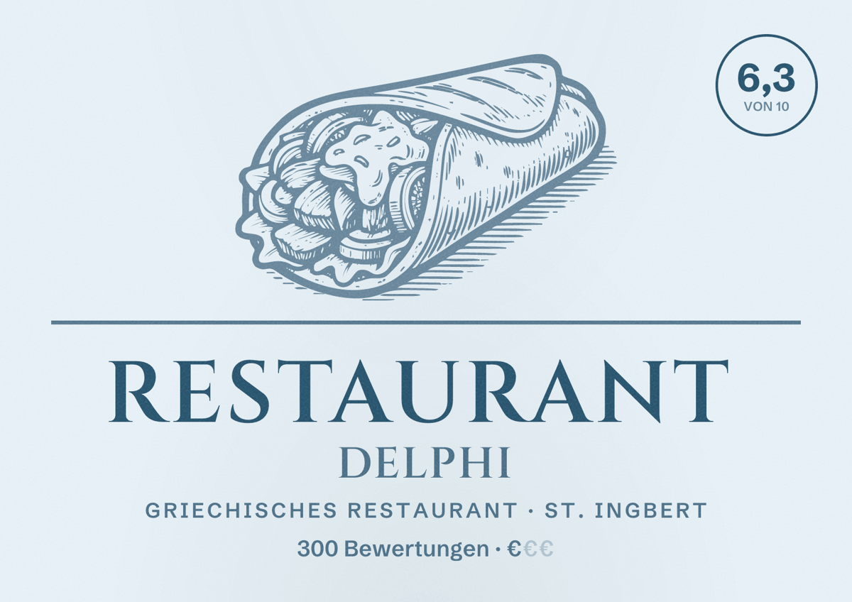 Illustriertes Poster von Restaurant Delphi, Griechisches Restaurant in St. Ingbert: Bewertung 6,3 von 10 aus 300 Bewertungen, Preisniveau €